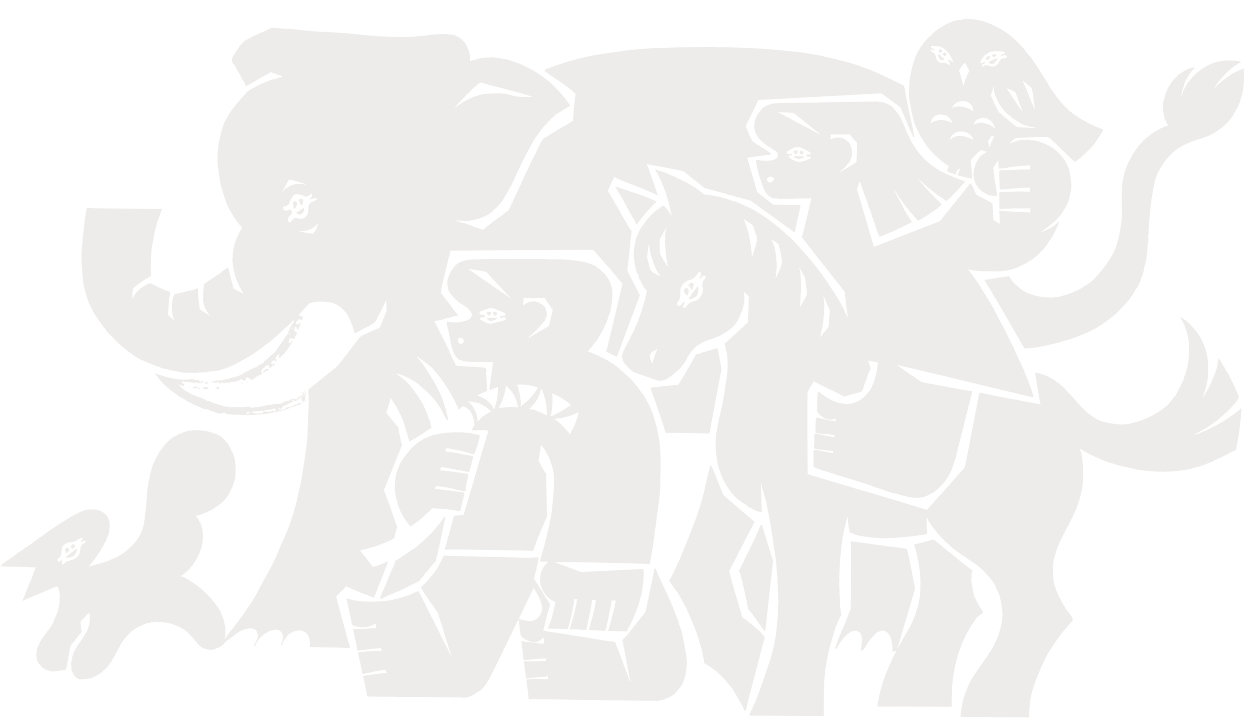 ナウマンゾウやフクロウ、ウマ、リスなどの信濃町の動物と人々が共に歩んでいるイラスト