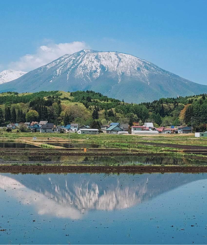 水田に映る雪渓の残る黒姫山と里山の風景
