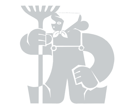 作業着を着てレーキを持ち佇んでいるイラスト